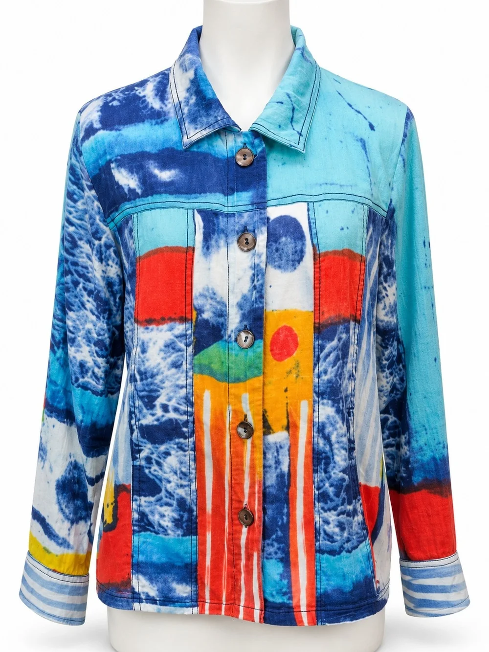 Parsley & Sage Turquoise Blue Multi-Color Abstract Button Jacket